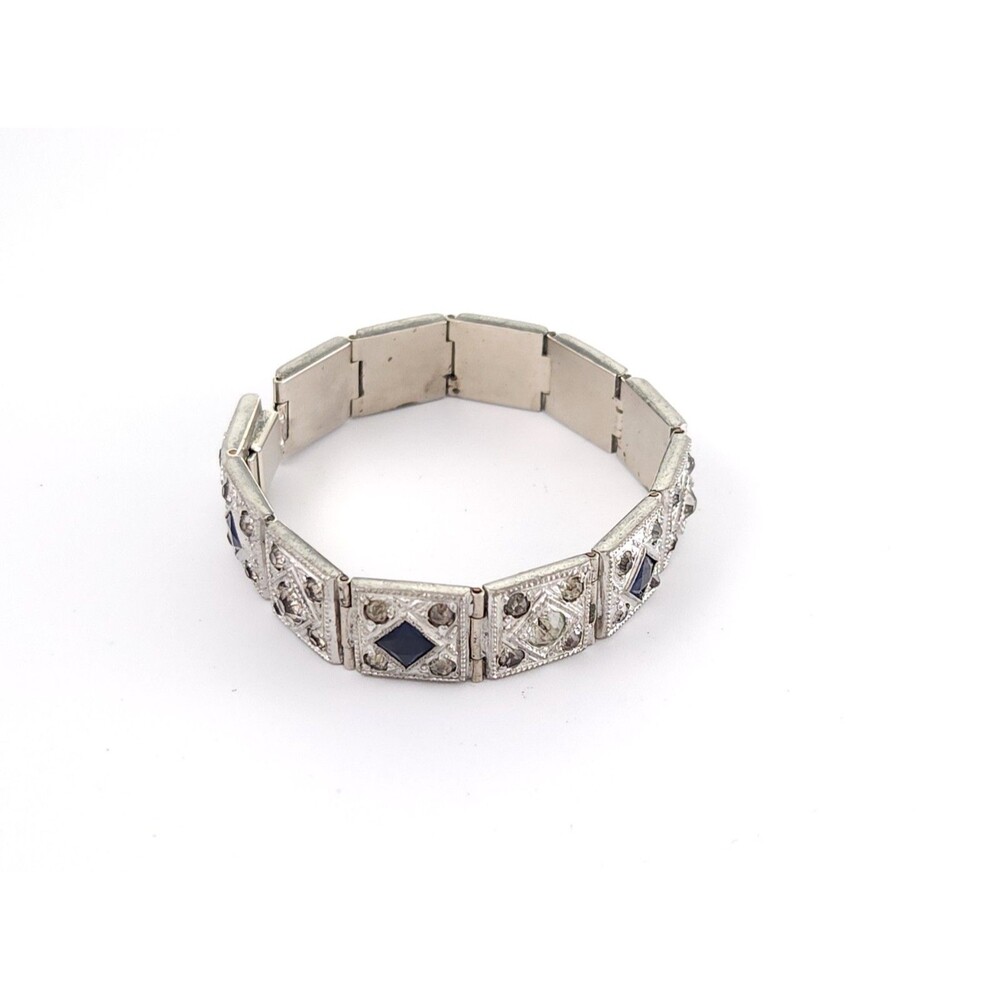Vtg Art Deco Style Blue Faux Sapphire Rhinestone Paste Panel Link Bracelet 6"